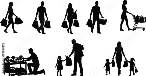 Collection of black silhouettes featuring people shopping carrying grocery bags pushing carts and buying fresh produce at market isolated on white background.