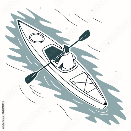 An aerial view showcases a lone kayaker paddling across stylized water creating gentle ripples and a sense of tranquil movement high quality