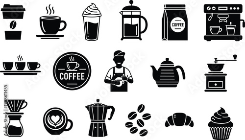 Large set of coffee shop icons and cafe equipment featuring barista espresso machine beans cups grinder and croissants isolated on white background for menu design.