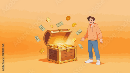 Young man with open treasure chest