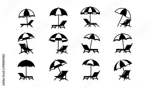 Beach Umbrella and Lounge Chair Icon Collection with Various Summer Vacation Scene Variations for Seaside Design, Tropical Holiday Graphics and Relaxation Concepts