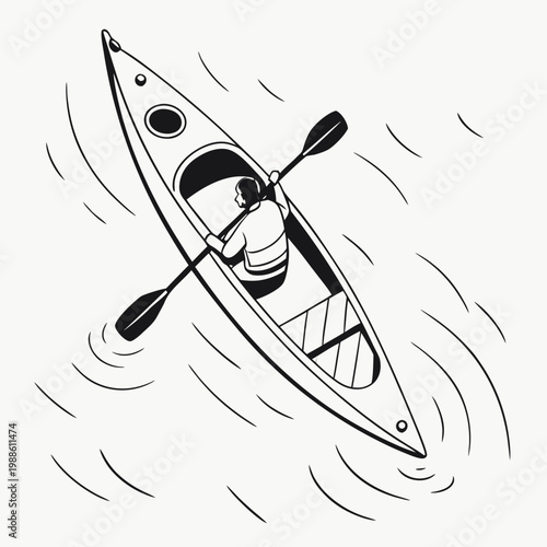 An overhead view depicts a solitary kayaker paddling across water creating ripples and a sense of peaceful outdoor recreation high quality professional