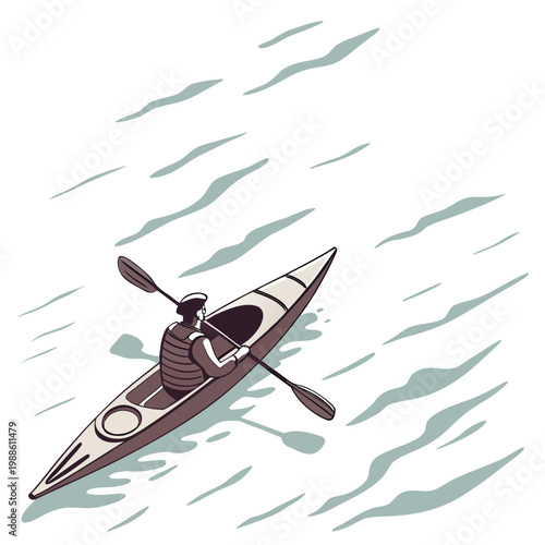 A solitary kayaker navigates calm waters viewed from above with a minimalist style and flowing wave patterns surrounding the vessel high quality