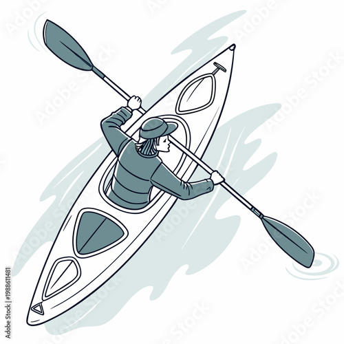 An overhead view depicts a person kayaking in a sleek narrow vessel on water showcasing the sport s dynamic movement high quality