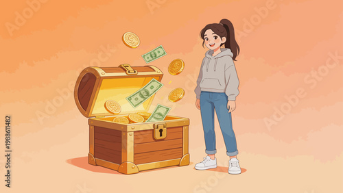 Young woman with open treasure chest