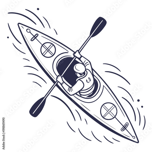 An overhead view depicts a lone kayaker actively paddling a sleek narrow boat through swirling water currents high quality professional detailed modern