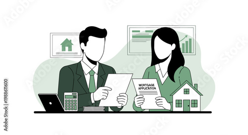 A man and woman review a formal mortgage application document at a desk featuring a physical calculator and a small house model in a clean, green setting.
