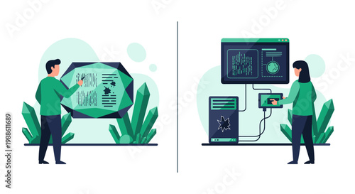 Professional technicians analyze complex data streams on glowing geometric displays within a modern high-tech server room featuring vibrant teal lighting.