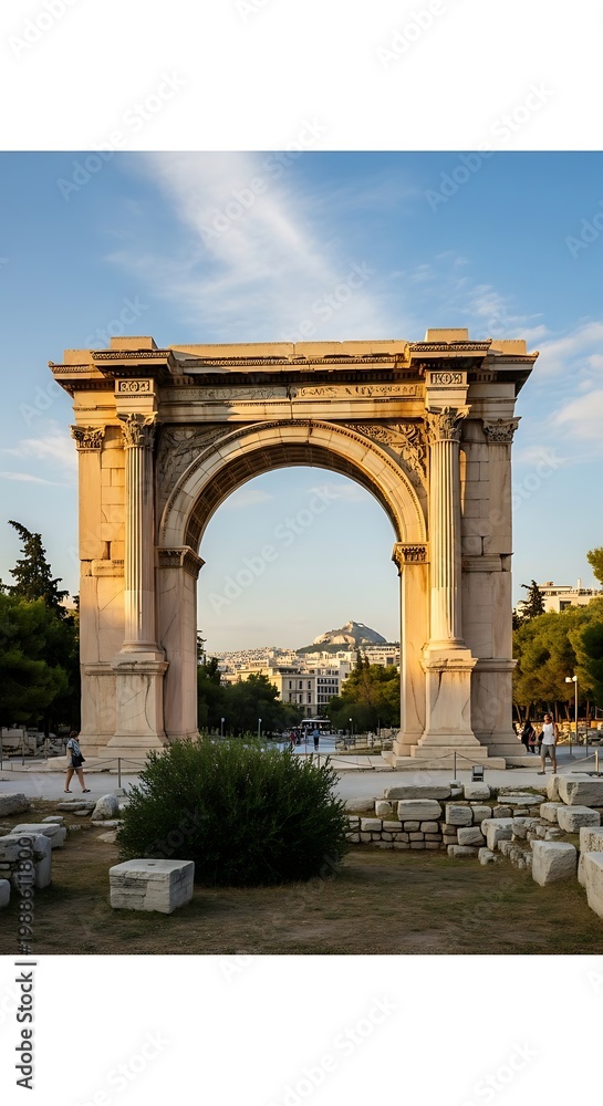 Fototapeta premium Ancient stone archway frames distant city skyline under a bright blue sky