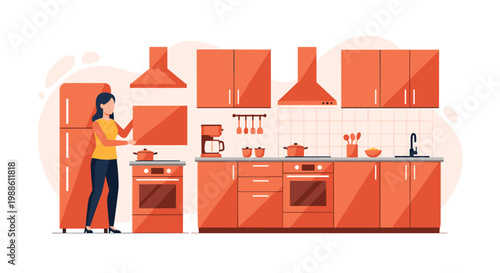 A woman carefully installs a cabinet panel in a modern kitchen featuring vibrant orange furniture and high-end cooking appliances in a warm home setting.