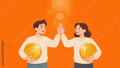 Two people holding coins and giving high five