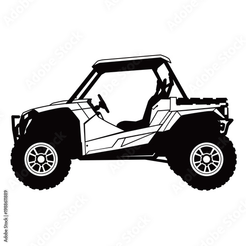 Black silhouette of an off-road buggy vehicle with rugged tires, ideal for adventure and motorsport themes.