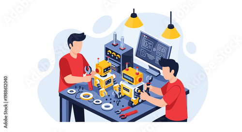 Two skilled technicians diligently assemble small robotic machines at a cluttered workbench within a bright workshop featuring warm yellow lighting accents.