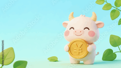 Cute cartoon cow holding gold coin