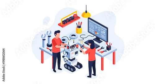 Two creative engineers collaborate on building a sophisticated robot at a well-organized desk in a bright studio space featuring soft pastel color tones.