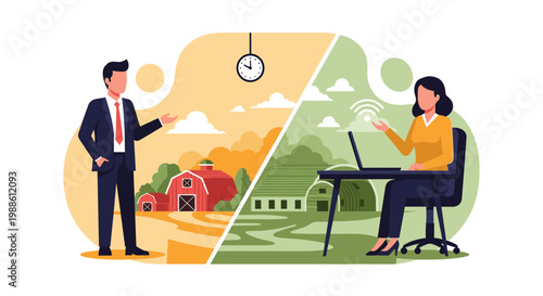 A split-screen illustration contrasts a businessman on a farm with a businesswoman working on a laptop in a modern office using soft green color tones.
