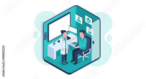 A female doctor in a white coat provides a thorough medical consultation to a male patient inside a tablet-shaped room with floating health care icons.
