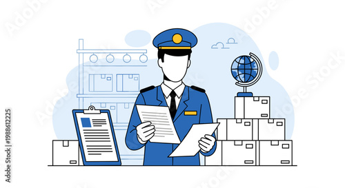 A professional customs officer in a blue uniform examines shipping documents while standing near a world globe and stacked boxes in a warehouse setting.