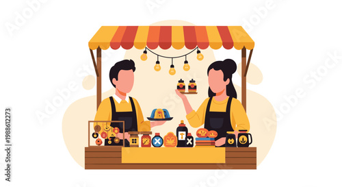 A male and female vendor stand behind a rustic wooden stall showcasing an array of colorful jars and bottles under warm, glowing hanging string lights.