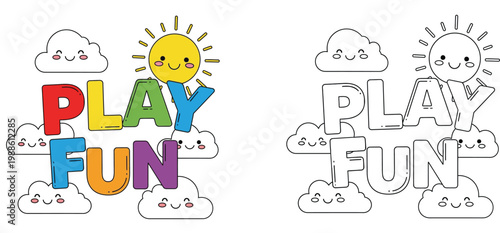 Kawaii Play Fun Typography Illustration with Smiling Sun and Clouds, Kids Coloring Page Set, Vector Line Art for Educational Activities and Summer Themed Books