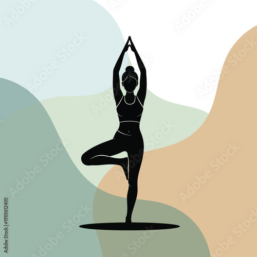 A woman in a yoga pose with her arms raised above her head
