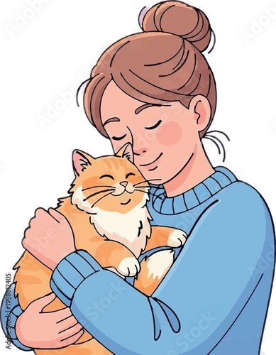 Cute woman hugging orange cat, cartoon pet illustration, animal lover, vector graphic