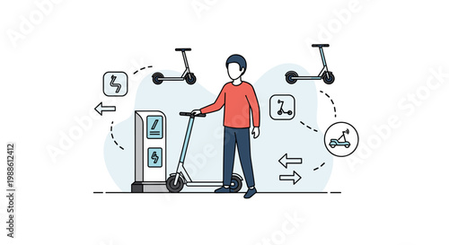 A modern commuter stands beside an electric scooter charging station in a minimalist urban setting featuring soft blue accents and clean vector linework.