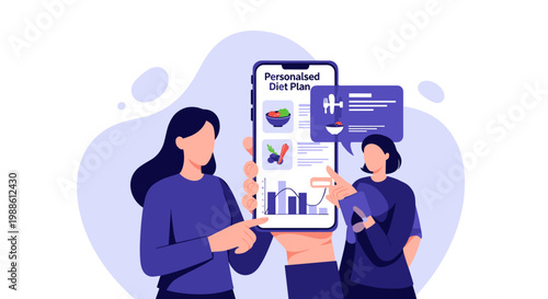 Two women analyze a personalized diet plan displayed on a large smartphone screen featuring detailed health charts and colorful food icons in a soft room.