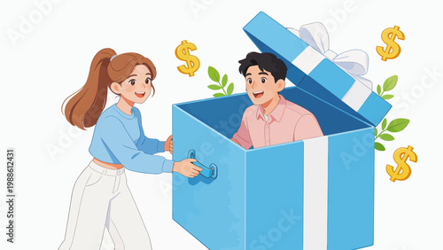 Man in gift box with woman