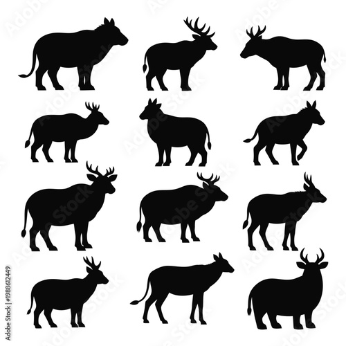 A collection of black silhouettes of various animals with horns and antlers on a white background
