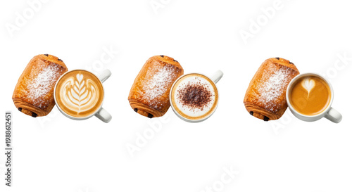 Three golden pain au chocolat with latte art, cappuccino, and espresso in white cups on a transparent background. Concept for premium cafe advertising