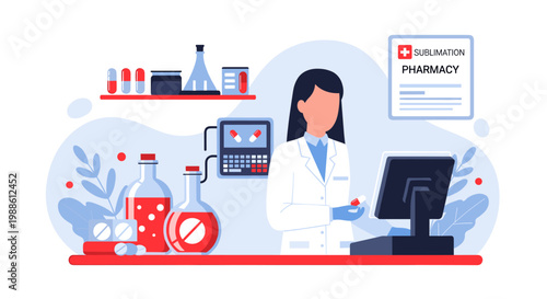 A diligent female pharmacist stands behind a clean counter with medication bottles and a computer screen in a bright pharmacy setting with blue accents.