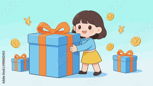 Cartoon girl with gift box and coins