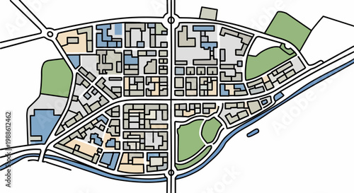 Urban Planning Map with Buildings and Roads.