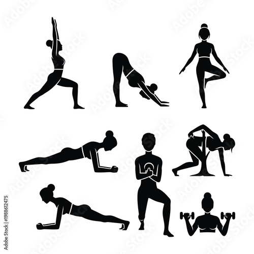 A fit woman engaging in various yoga and exercise poses in a black silhouette style
