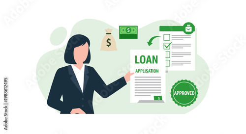 A professional businesswoman in a dark suit presents an approved loan application document with a green stamp and money bag in a bright office environment.