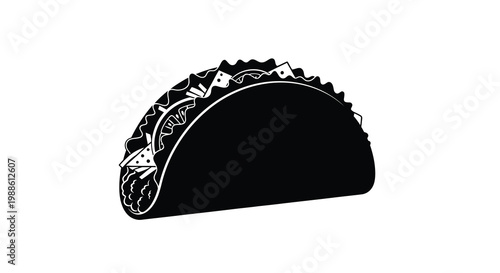 A minimalist black and white illustration of a taco with visible fillings and shell high quality