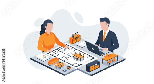 A professional man and woman review a detailed architectural floor plan on a large table with miniature furniture models and a laptop in a bright office.