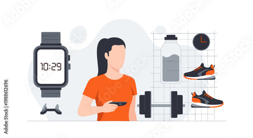 A fit woman in an orange shirt holds a smartphone while standing next to a large digital watch, water bottle, and gym equipment in a clean studio space.