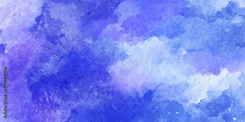 An abstract blue watercolor background features a light paint texture on paper with grunge patterns resembling summer clouds or winter snow for a nature-inspired art wallpaper design