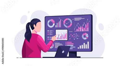 A focused professional woman analyzes complex data charts on a large computer monitor while pointing at a specific graph in a bright and modern workspace.
