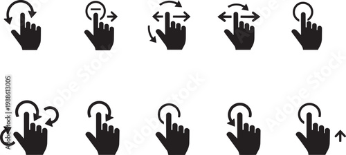 A collection of hand icons illustrating various gestures and movements for user interface navigation