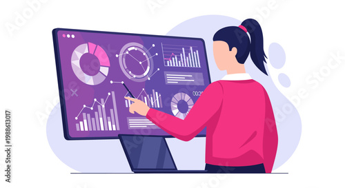 A dedicated analyst points at a large screen displaying intricate financial charts and data graphs in a bright and professional modern office environment.