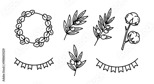Black and white illustration set of floral wreaths and garlands with leaves and flowers