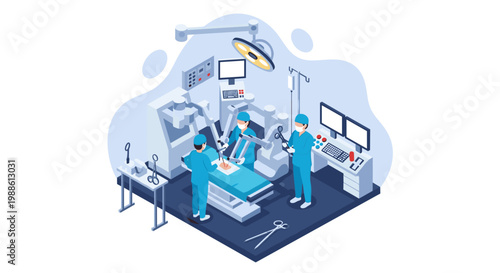 Three professional surgeons perform a precise robotic surgery on a patient in a high-tech, blue-toned hospital operating room with advanced medical tools.