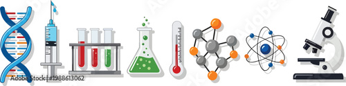 A collection of scientific icons and equipment for research and experimentation in a laboratory setting