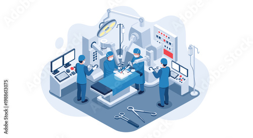 A skilled surgical team performs advanced robotic assisted procedures using precise mechanical arms in a sterile, high-tech operating room environment today.