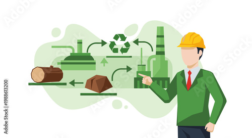 A professional construction worker wearing a yellow hard hat points towards a green industrial recycling process diagram in a clean and bright setting.