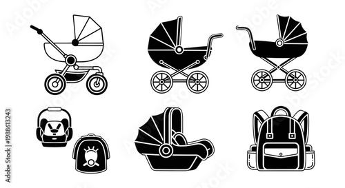 Collection of baby strollers and carriers in black and white vector illustrations for parenting designs
