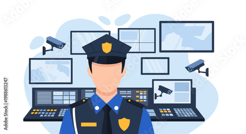 A police officer stands confidently in front of multiple surveillance monitors and control consoles within a secure and modern monitoring room environment.